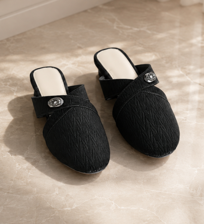 Textured Closed-Toe Block Heel Mules