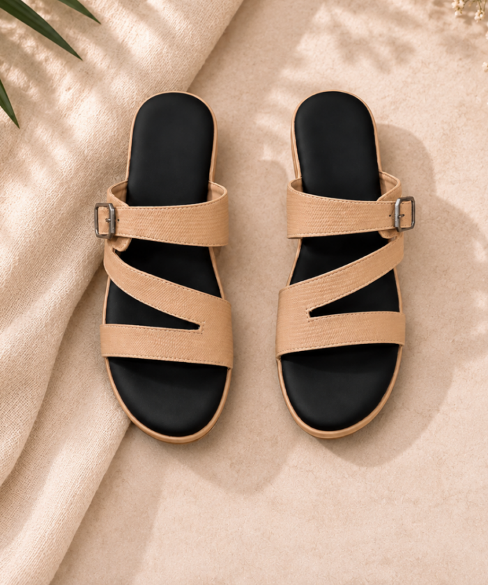 Beige Multi-Strap Comfort Sandals with Adjustable Buckle : FT-015