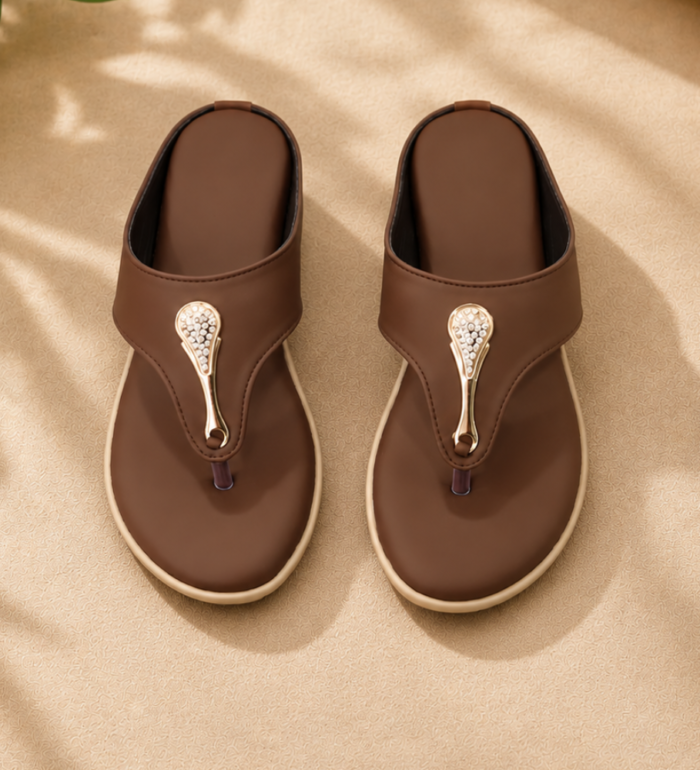 Elegant Brown Embellished Flat Thong Sandals