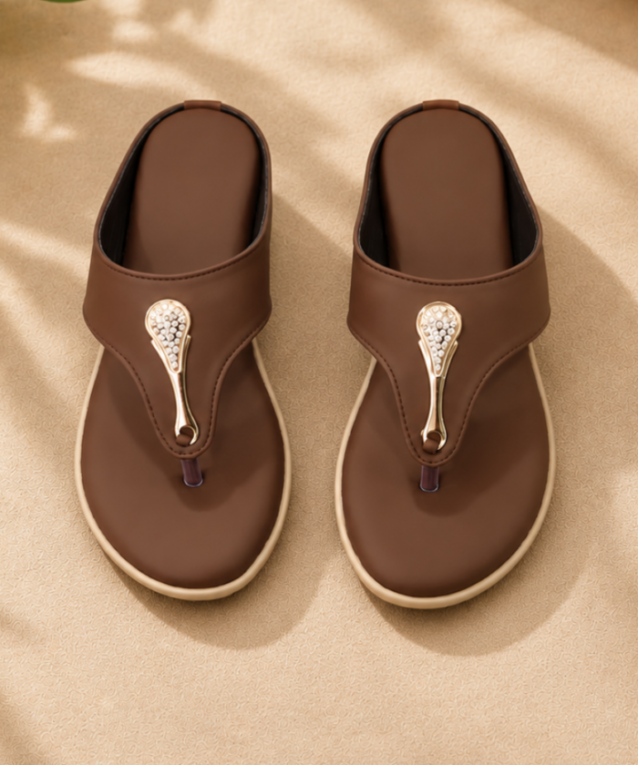 Elegant Brown Embellished Flat Thong Sandals : FT-027