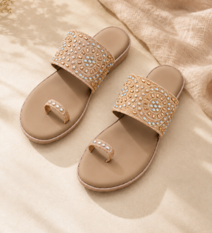 Rose Gold Embellished Toe-Ring Flat Sandals