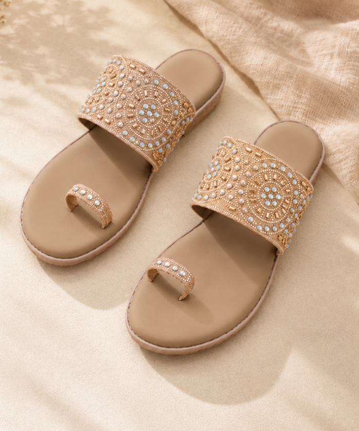 Rose Gold Embellished Toe-Ring Flat Sandals : FT-023