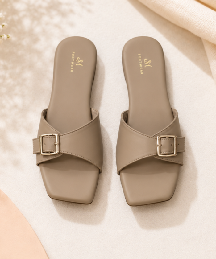 Beige Square-Toe Buckle Flat Slide Sandals : FT-030