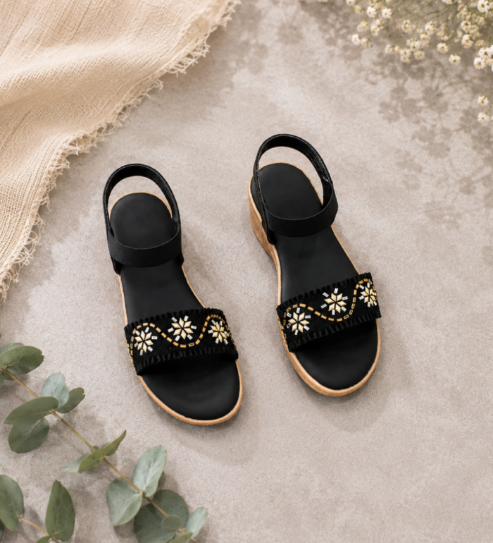Black Embellished Comfort Sandals