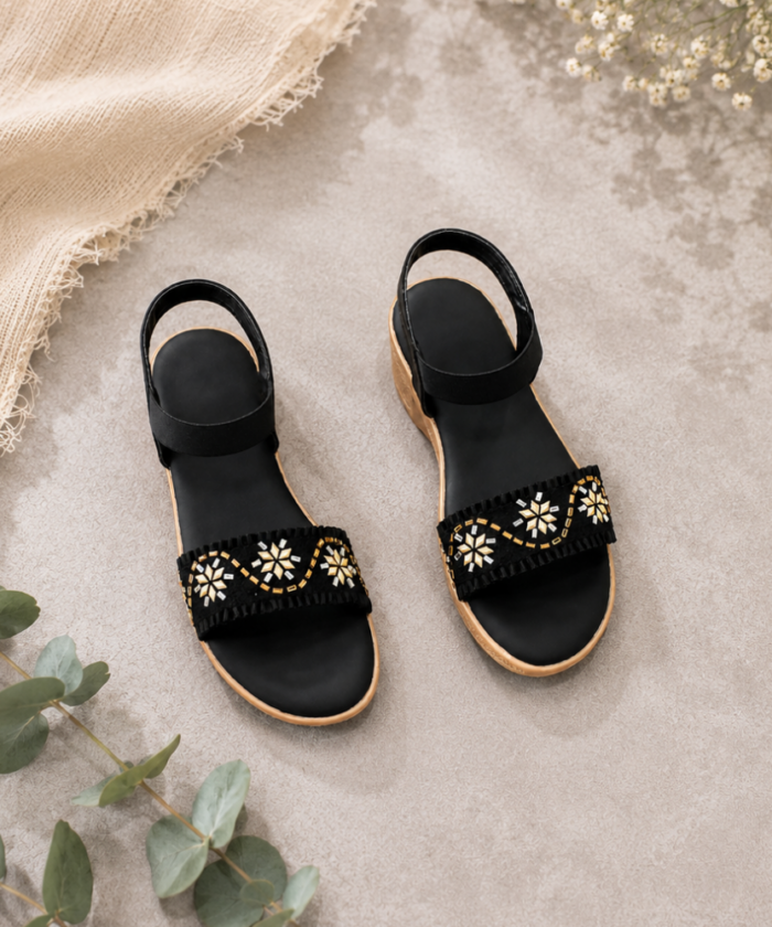 Black Embellished Comfort Sandals : FT-017