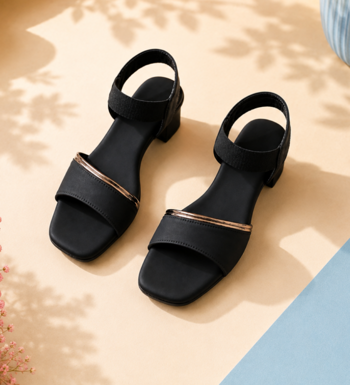 Black Metallic Block Heel Sandals