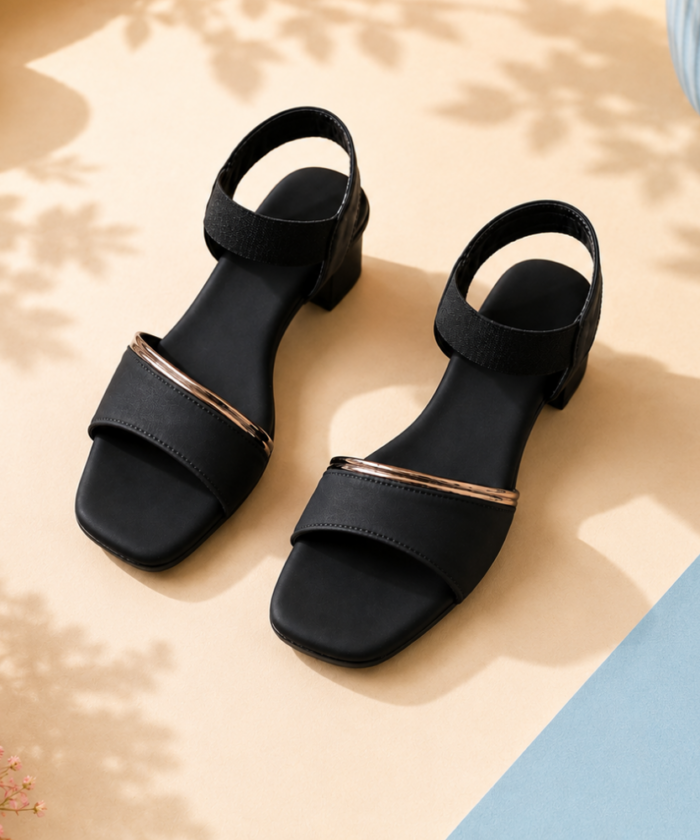 Black Metallic Block Heel Sandals : FT-016