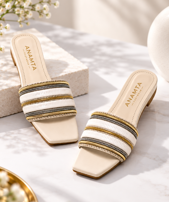Embellished Strappy Flat Mules : FT-031