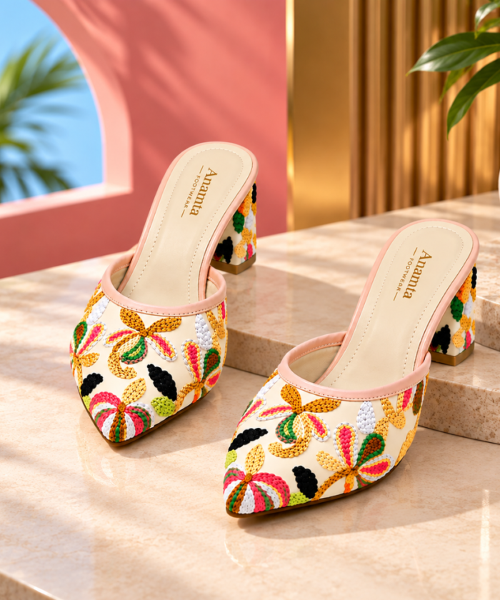 Embroidered Pointed-Toe Mule Heels : FT-034